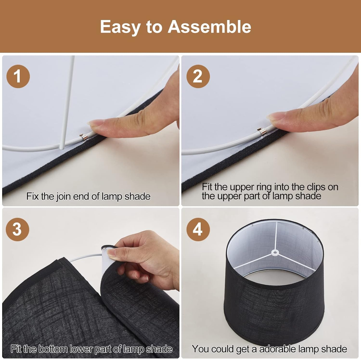 Four-step assembly close-ups showing how to fix the inner metal rings and secure the shade edges