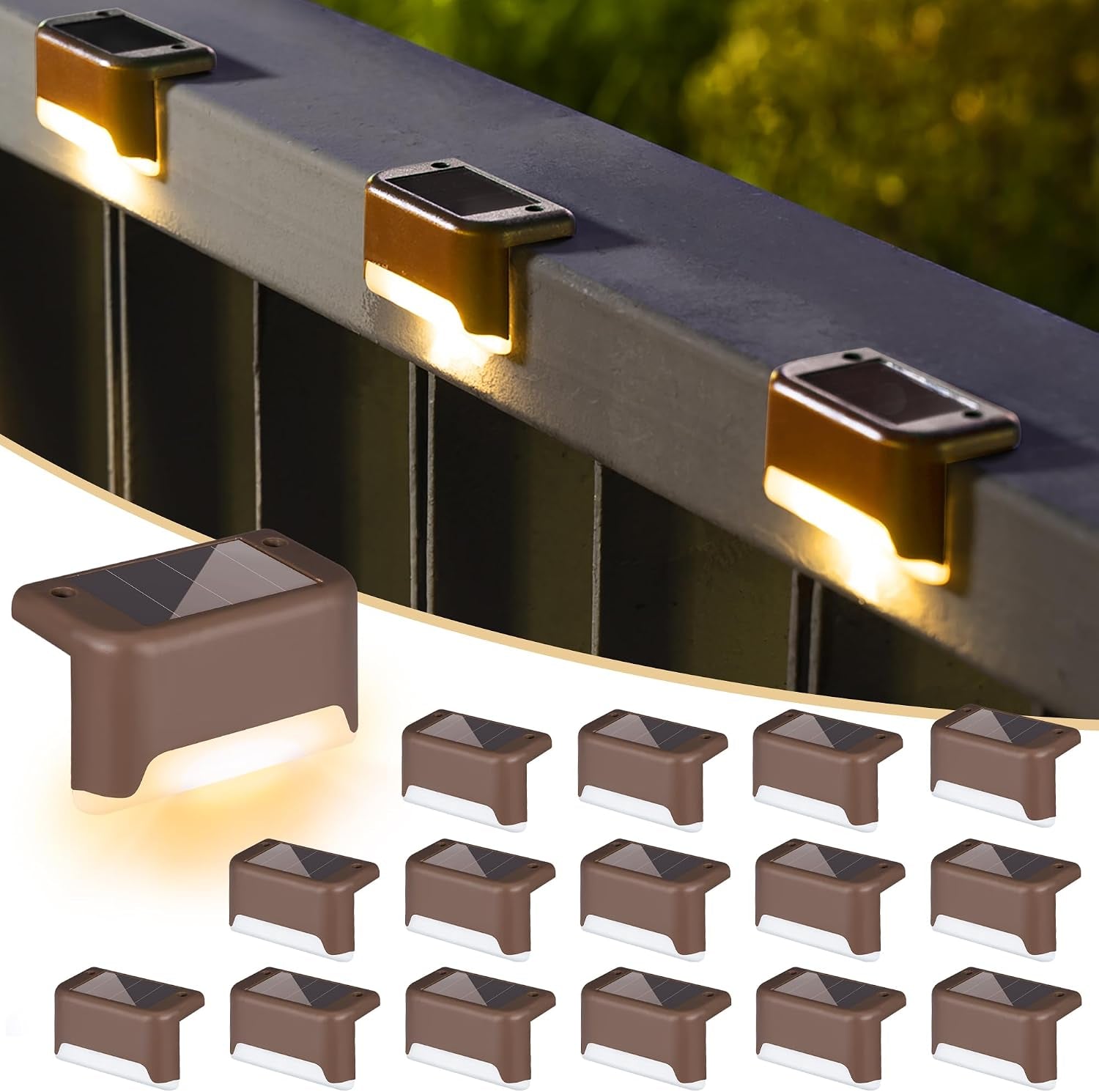 Brown solar deck lights mounted on a dark railing with warm white illumination, angled front view
