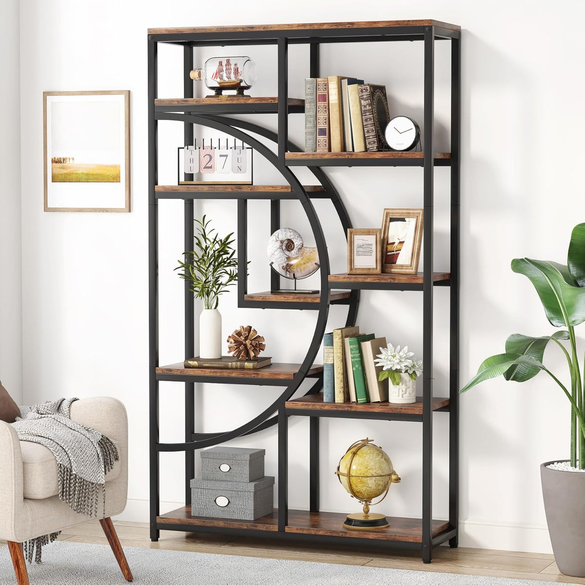 Corner styling shot of the bookshelf in a black frame with wood-look shelves next to a potted plant