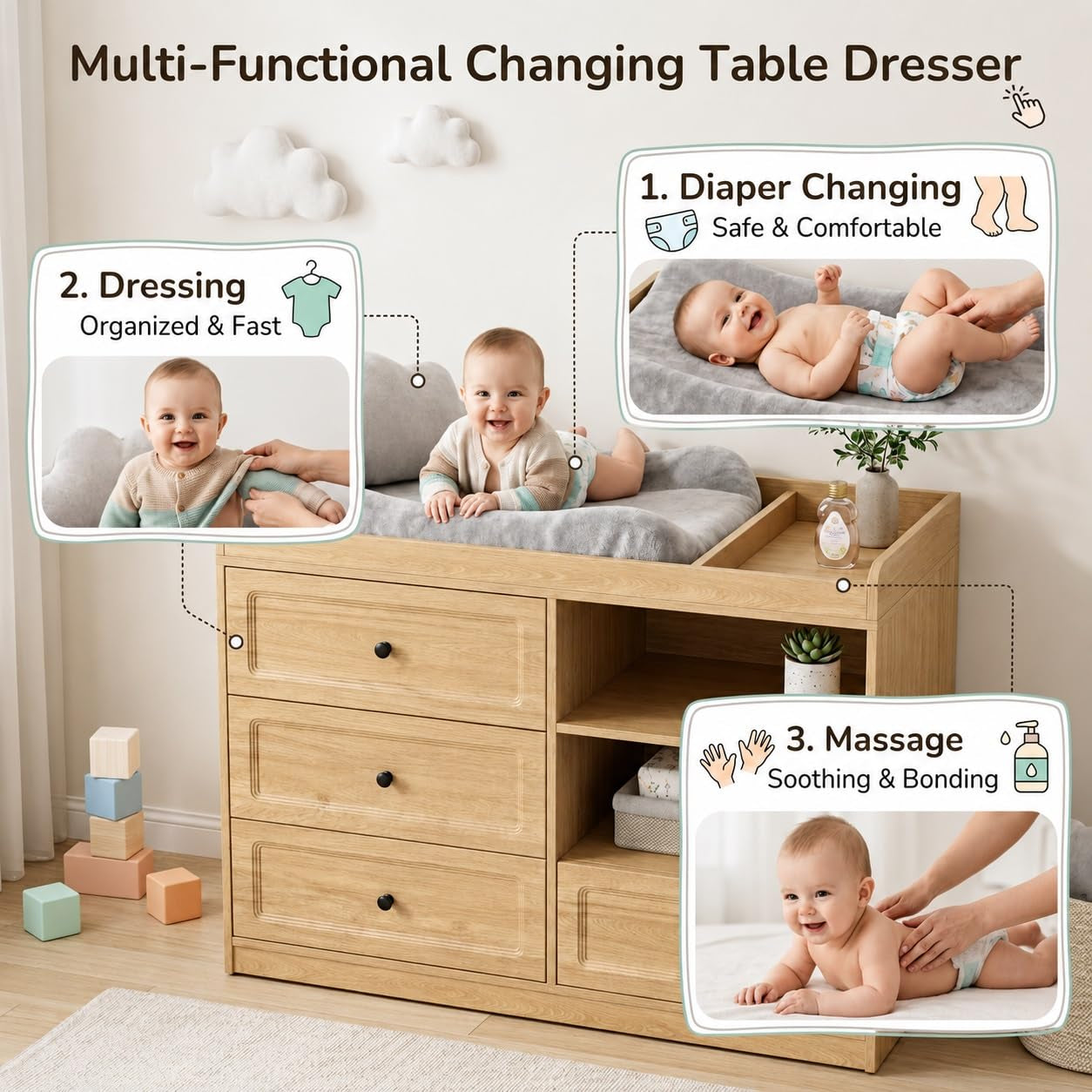 Changing table with a baby on a pad and inset panels illustrating diaper changing, dressing, and massage uses.