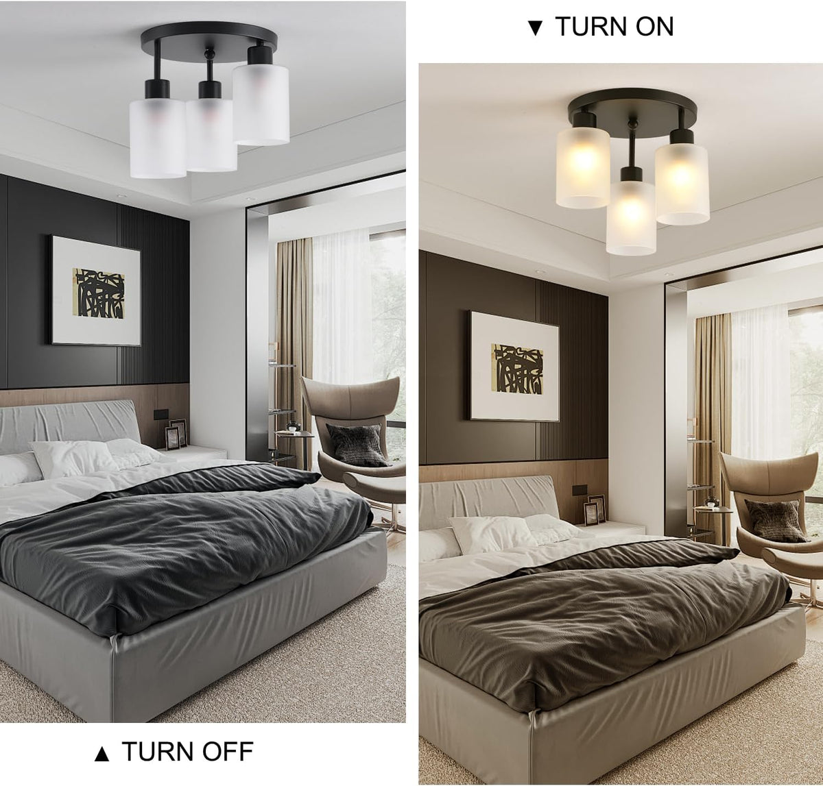 Side-by-side bedroom scenes showing the three-light ceiling fixture lit and unlit in neutral interiors