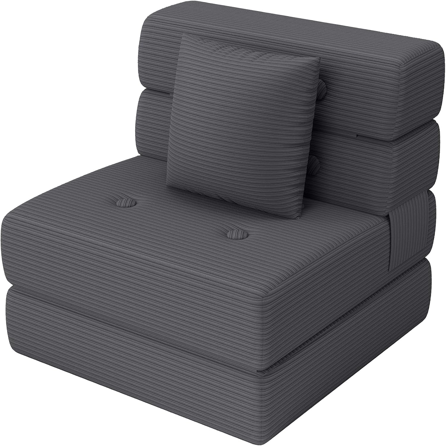 Single-seat folding sofa in dark gray corduroy with one square cushion on the back.