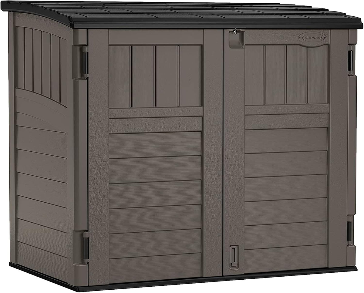 Stoney Black low-profile horizontal resin storage shed front view with closed double doors