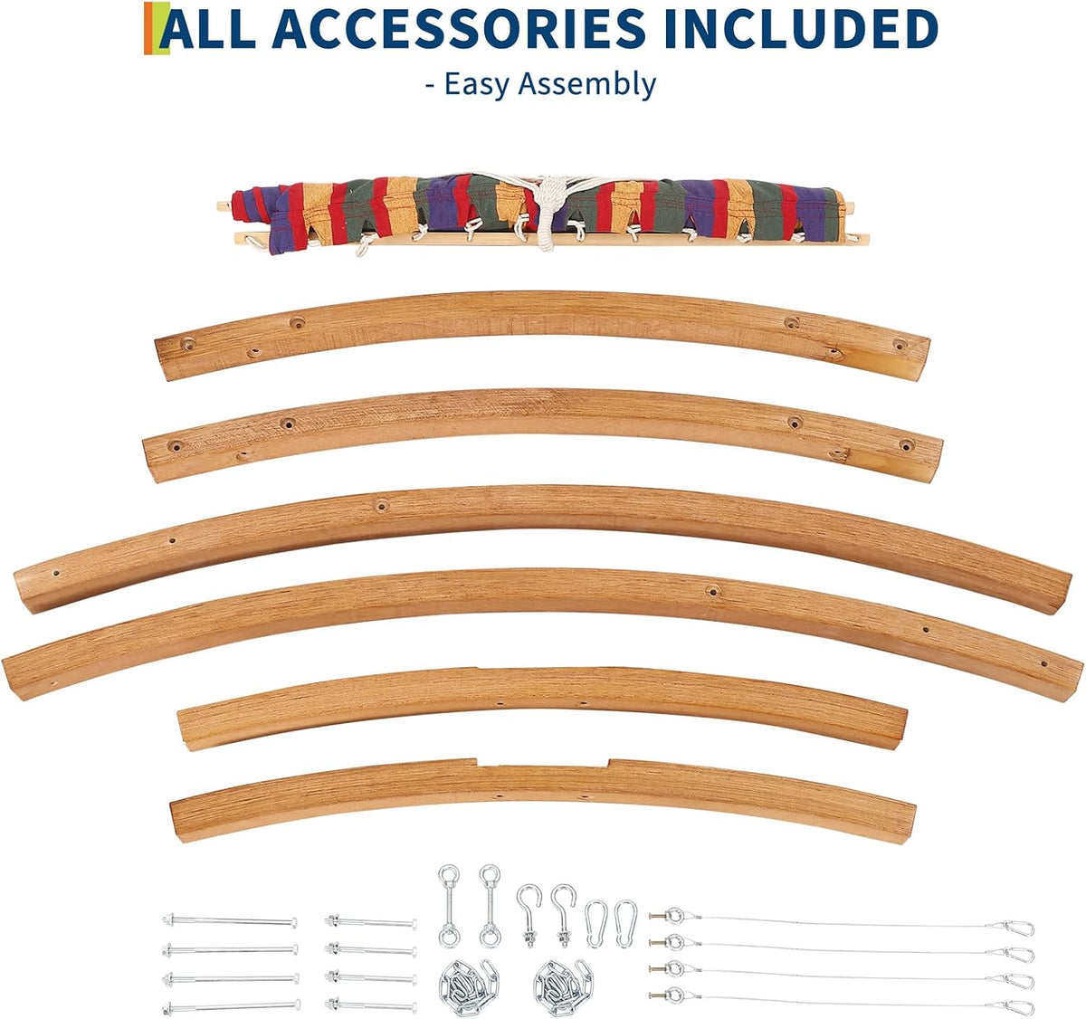 Top-down flat lay of curved wooden beam pieces, spreader bar and metal hardware laid out for assembly