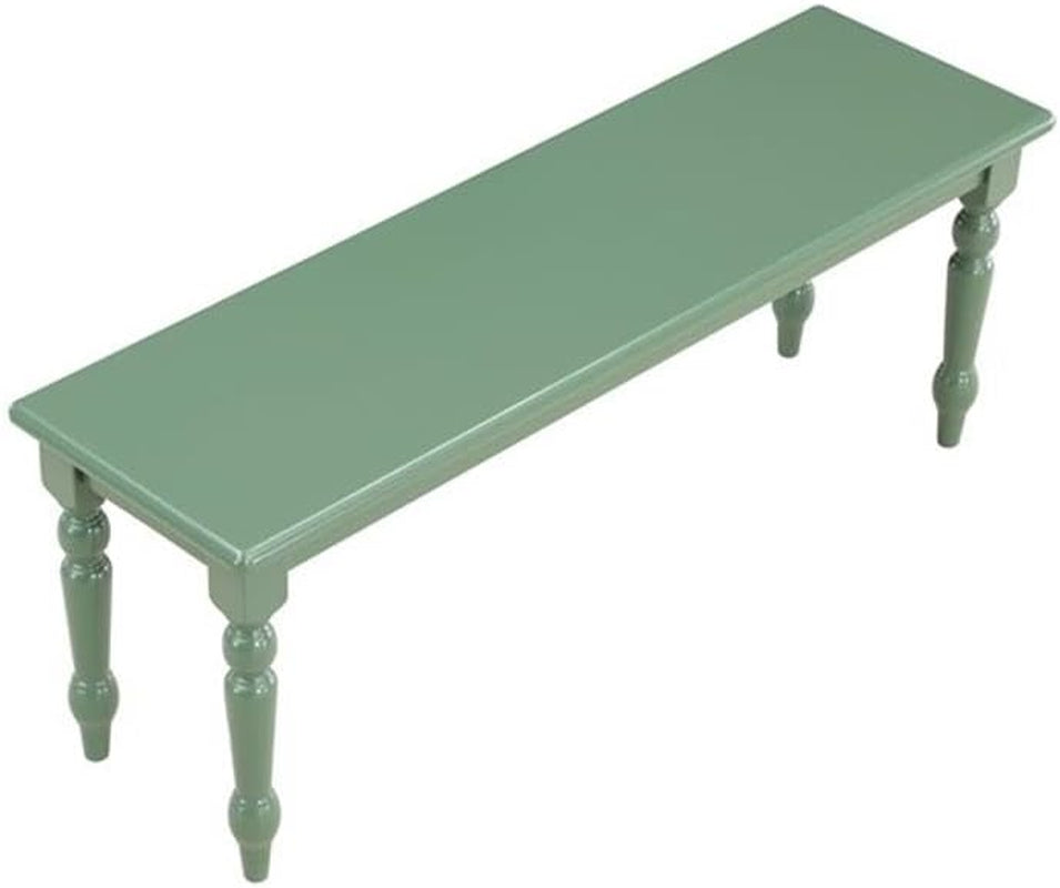 Angled top view of green backless bench highlighting smooth rectangular seat and turned legs