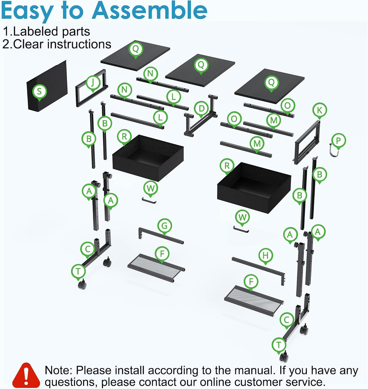 Exploded parts layout showing all labeled metal frame pieces, drawers, panels and casters spread out for assembly
