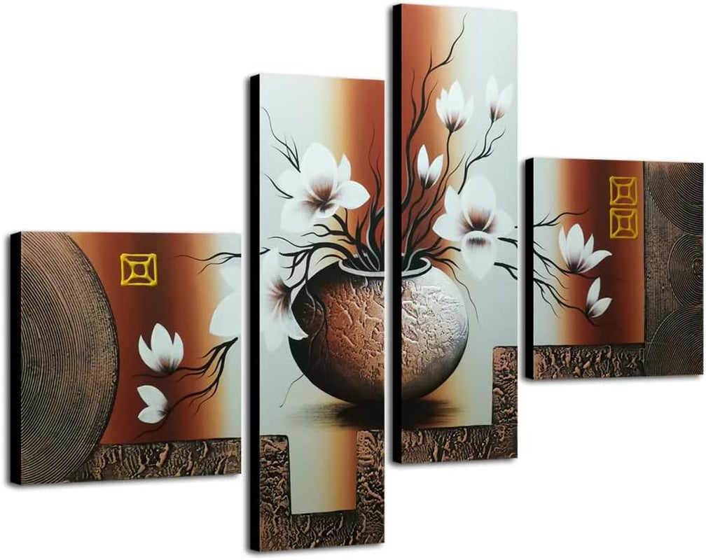 Angled view of the four-panel floral canvas showing textured vase artwork and visible black canvas sides.