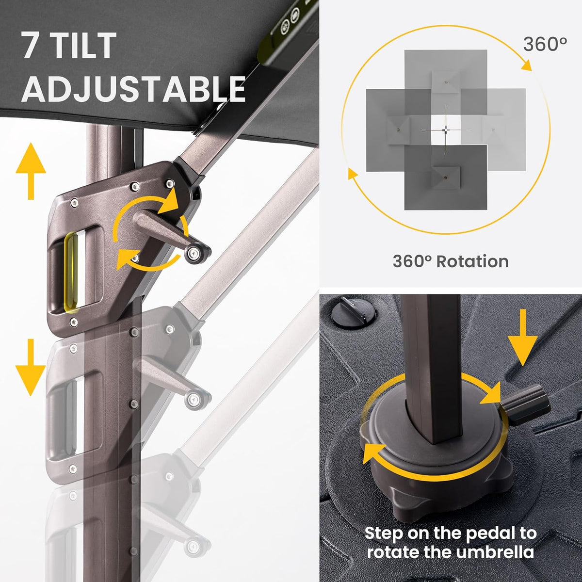 Composite detail showing crank handle, foot-pedal rotation control and a diagram indicating 7 tilt positions and 360°rotation
