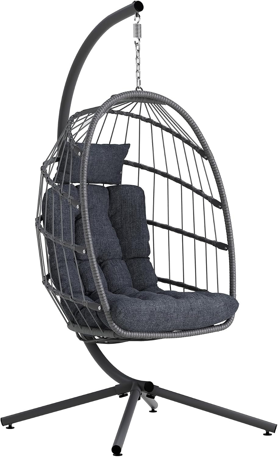 Dark grey egg-style wicker hanging chair on a powder-coated steel stand, front-angled studio view