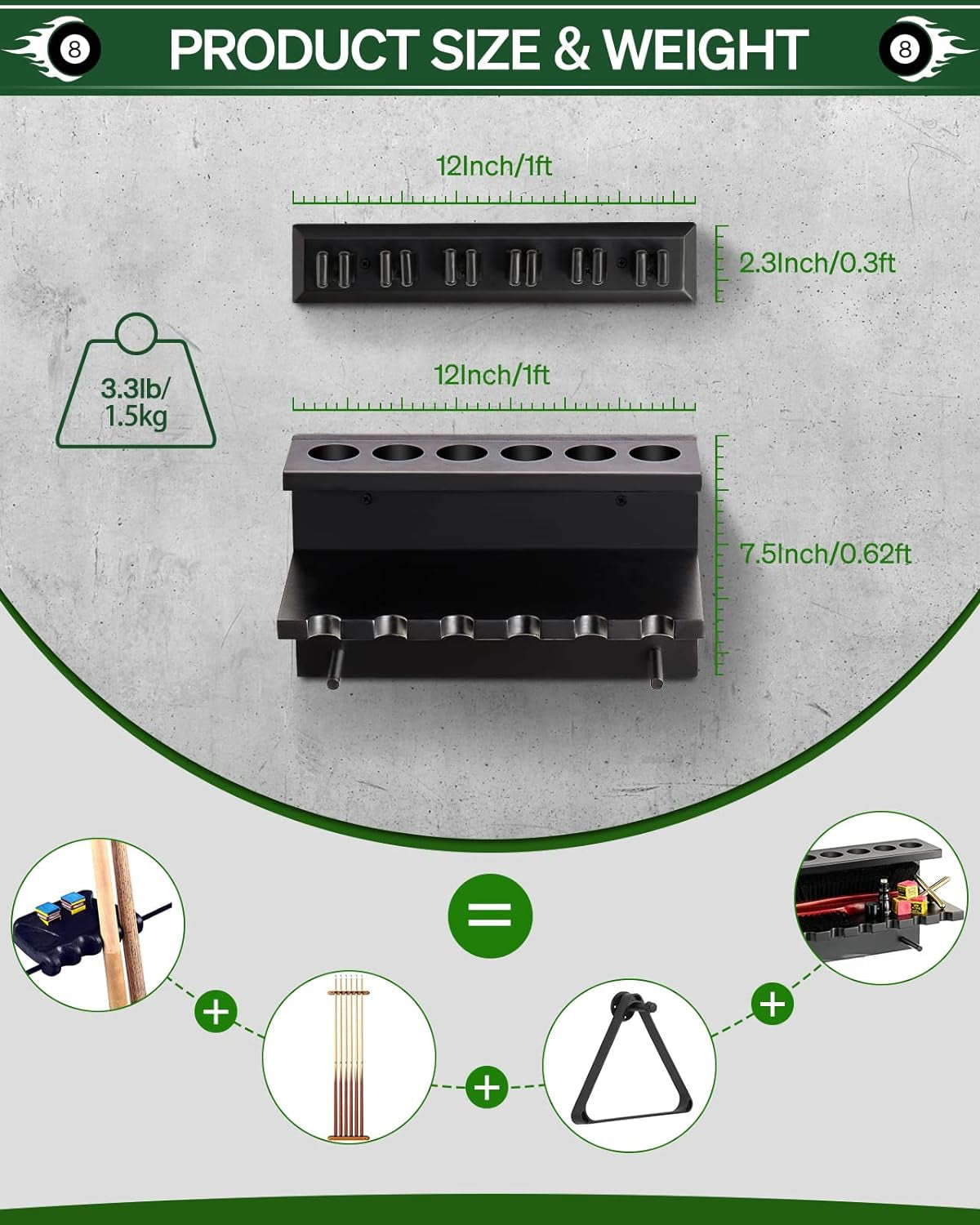 Top and front views of the cue rack shown with measurement graphics and accessory icons