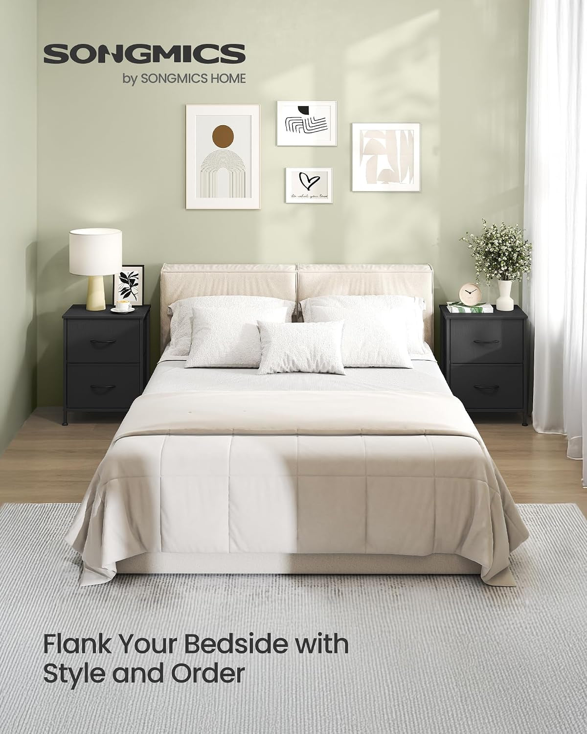 Bedroom scene showing two matching black bedside chests flanking a bed