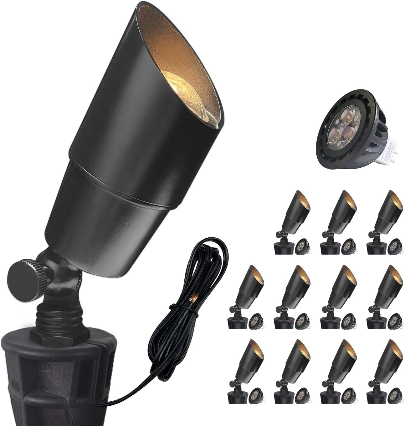 Large angled spotlight at left with coiled cord and a grid of smaller identical spotlights and an MR16 bulb at right