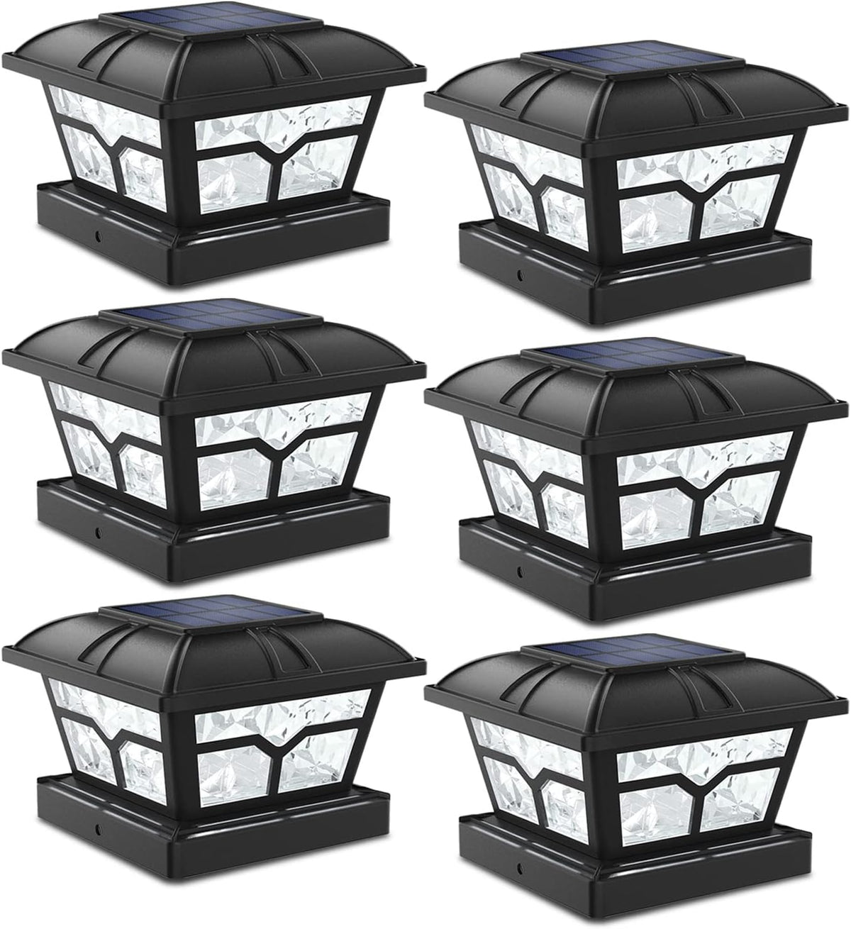 Six black post cap lights with solar panels and clear faceted panels, shown from angled views.