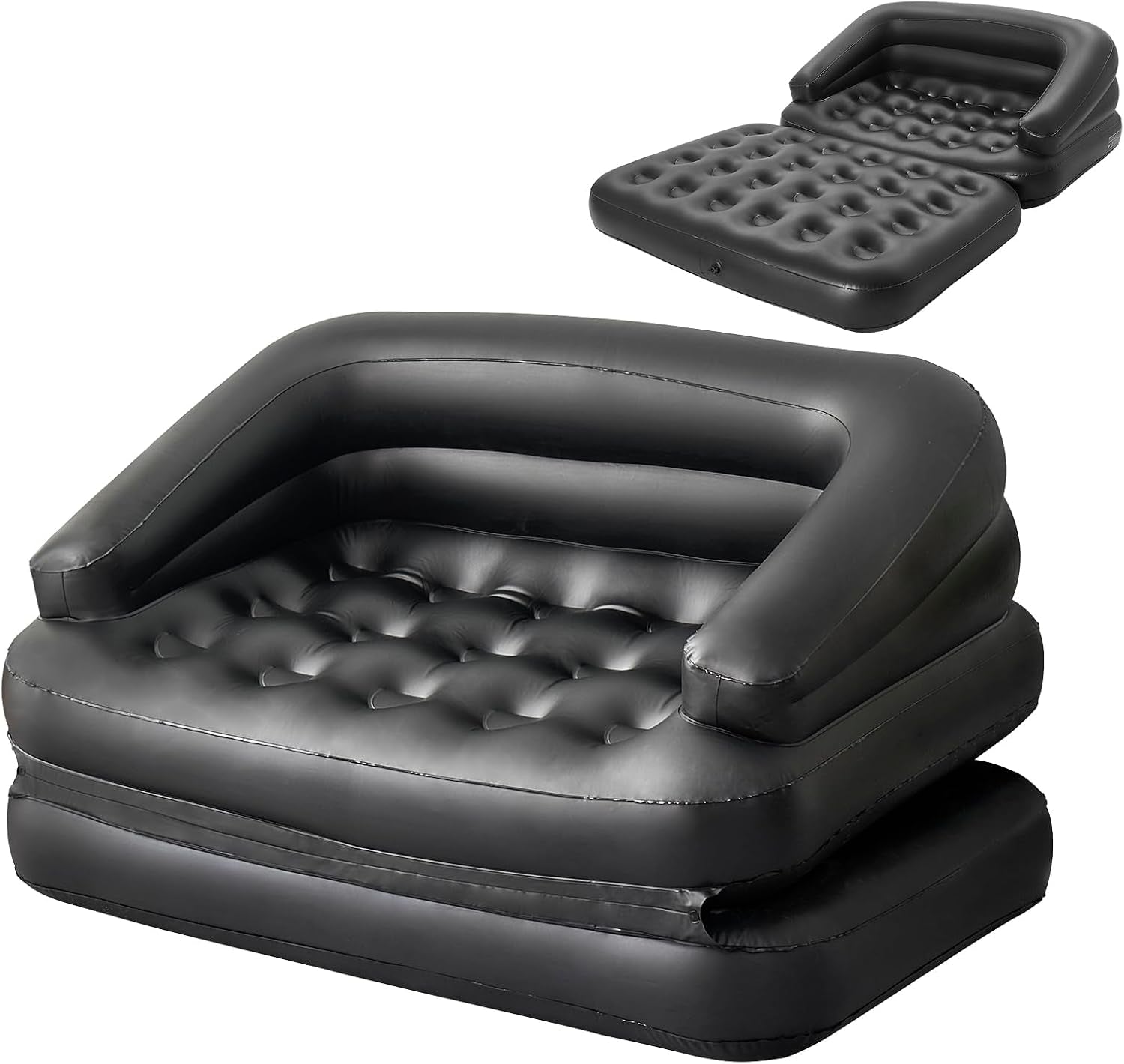 Angled product view of a black inflatable sofa bed with raised armrests and a tufted mattress surface, shown partially