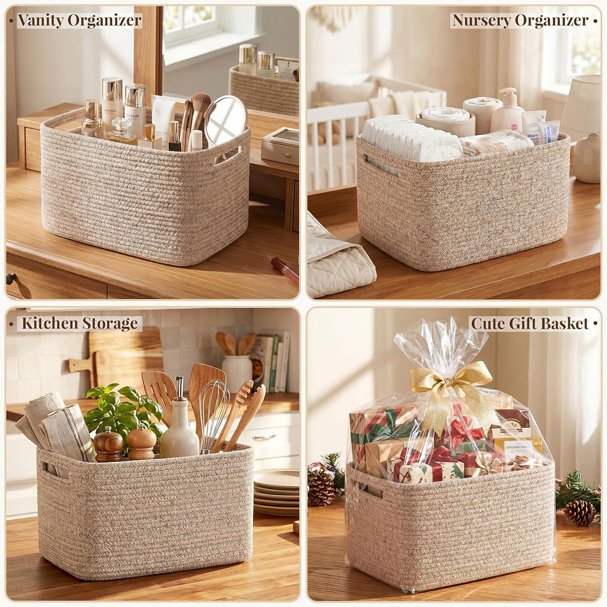 Four-panel collage showing the basket used in different styled displays, including a wrapped gift scene