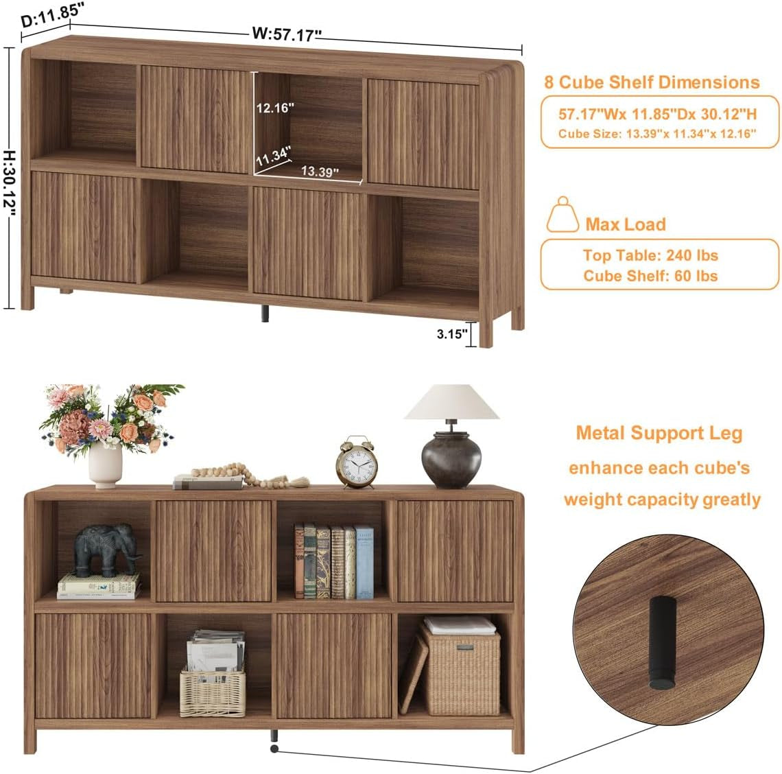 Diagram of 8-cube shelf showing dimensions 57.17" W x 11.85" D x 30.12" H and callouts for cube size and load capacity