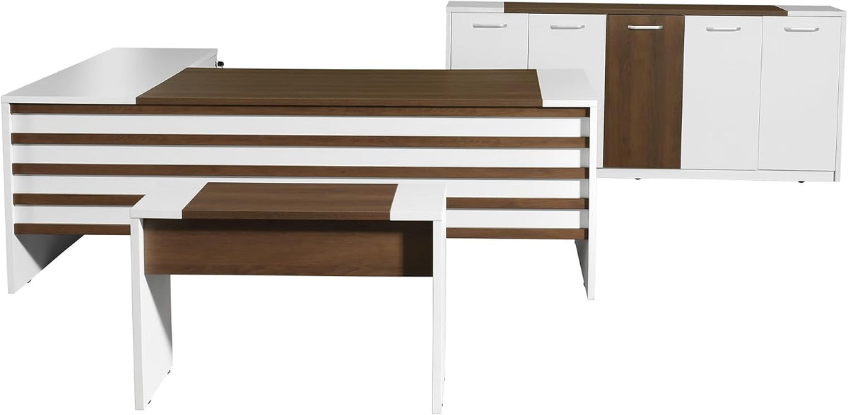 Front angled view of the right-side L-shaped desk and companion small desk highlighting horizontal slatted front details