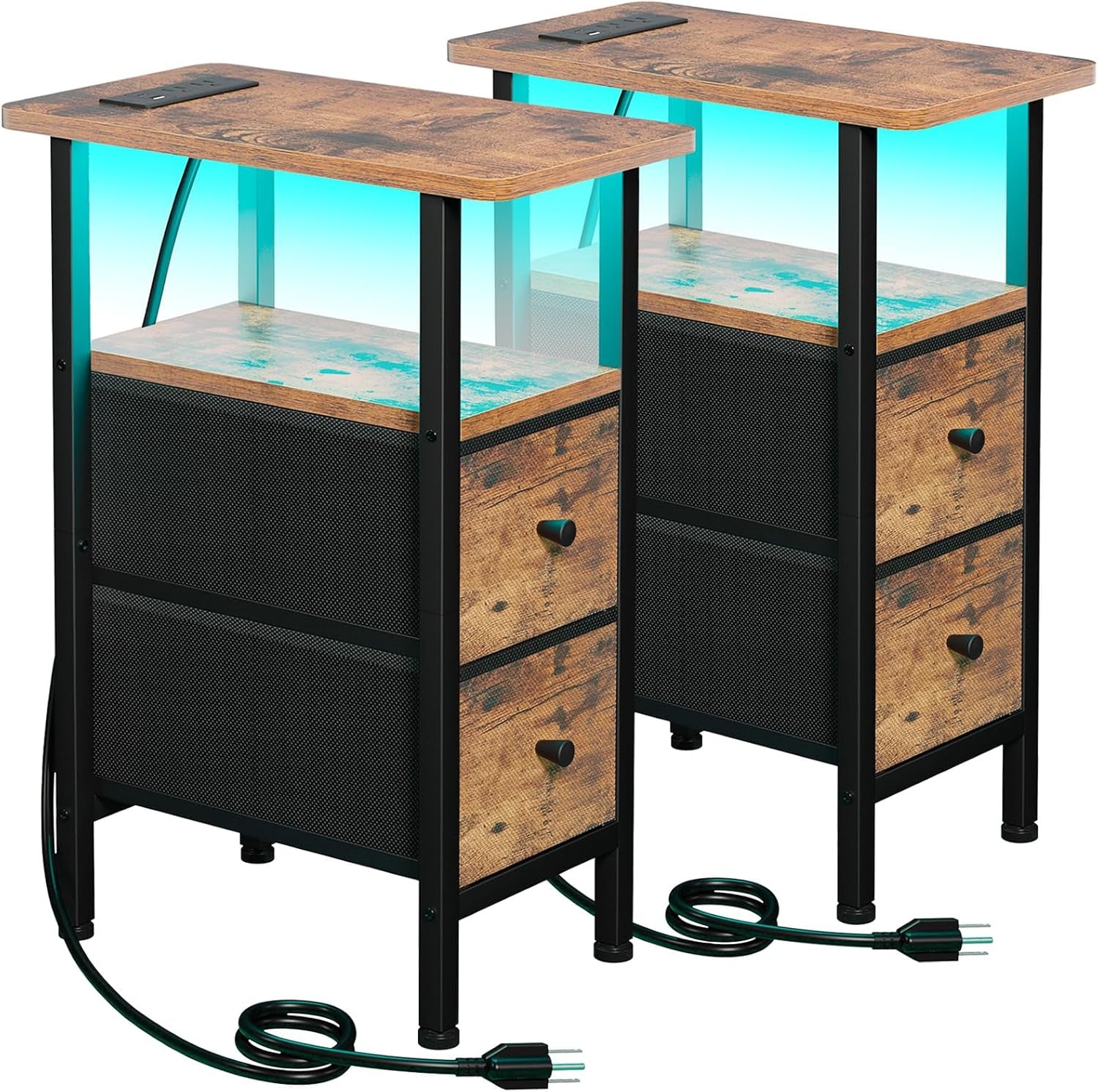 Two narrow rustic brown end tables with fabric drawers, wood tops and visible power cords.