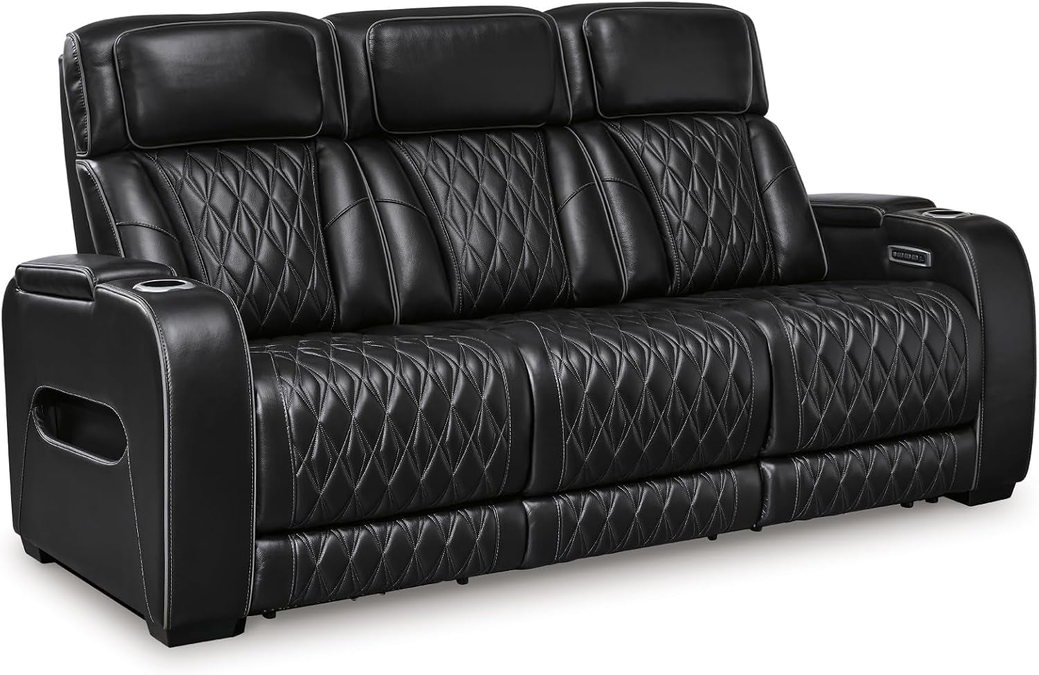 Wide front view of a three-seat black power-reclining sofa with diamond-quilted seats.