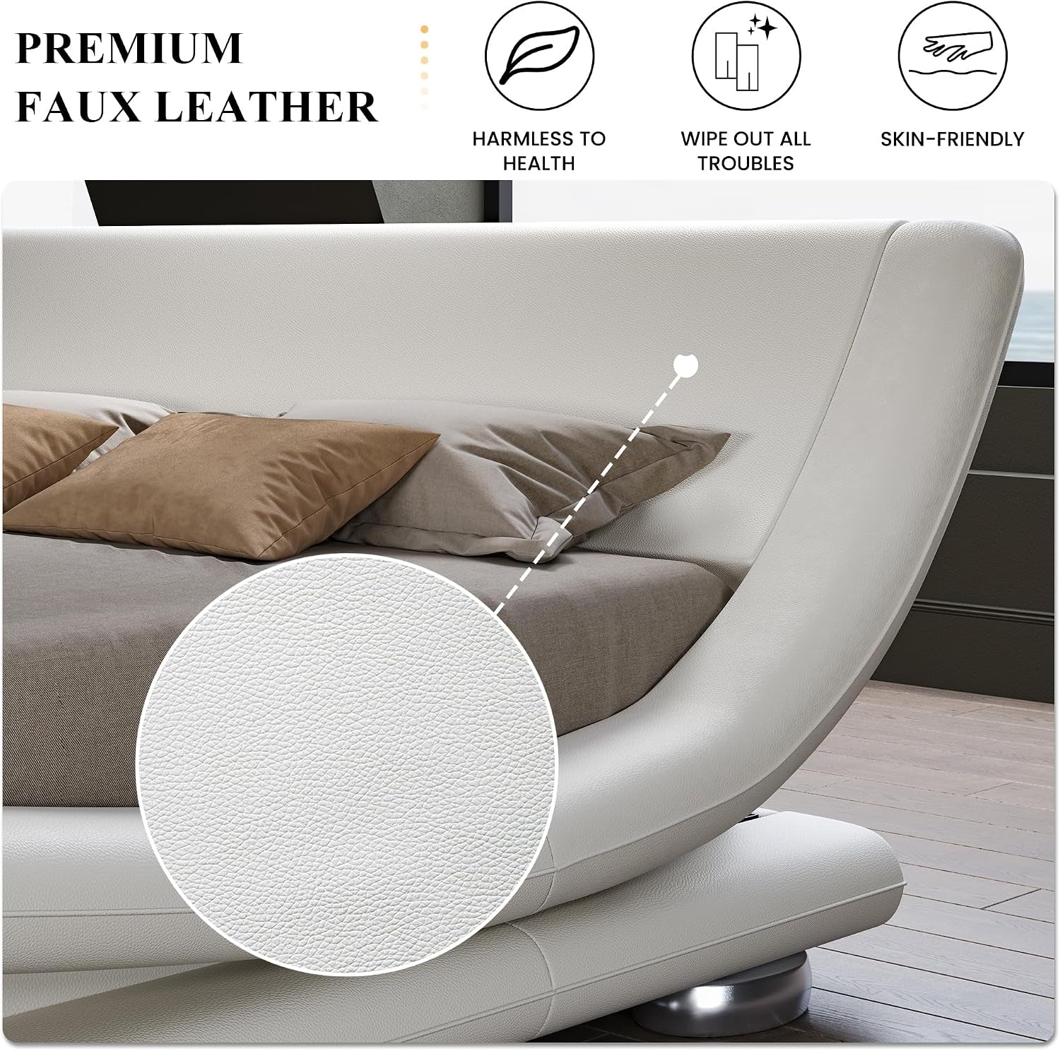 Close-up of white faux leather upholstery texture and padded curved frame detail with zoomed texture inset