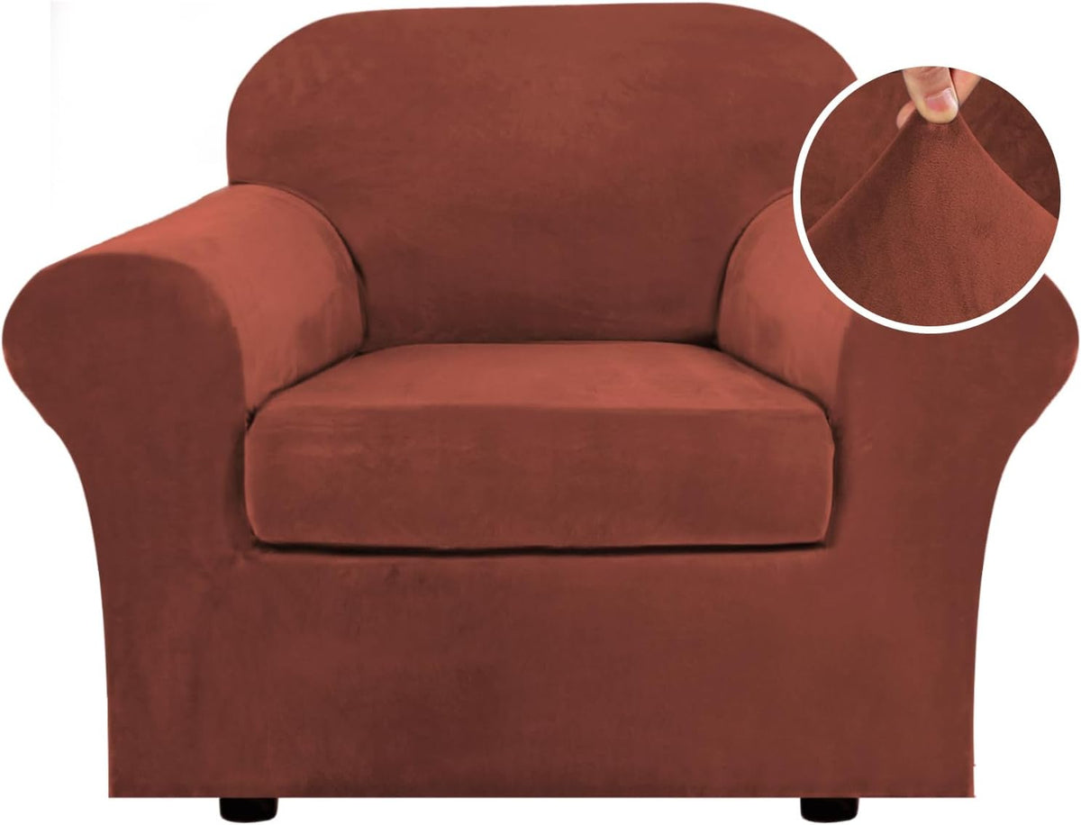 Front-facing close-up of a single-seat armchair in rust-colored velvet with a circular fabric texture inset.