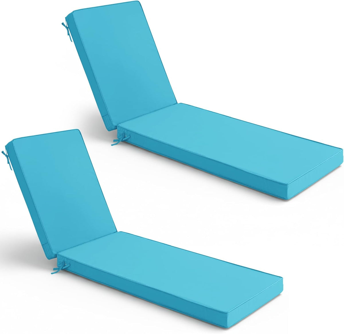 Teal chaise lounge cushions angled view on white background showing piped edges and ties