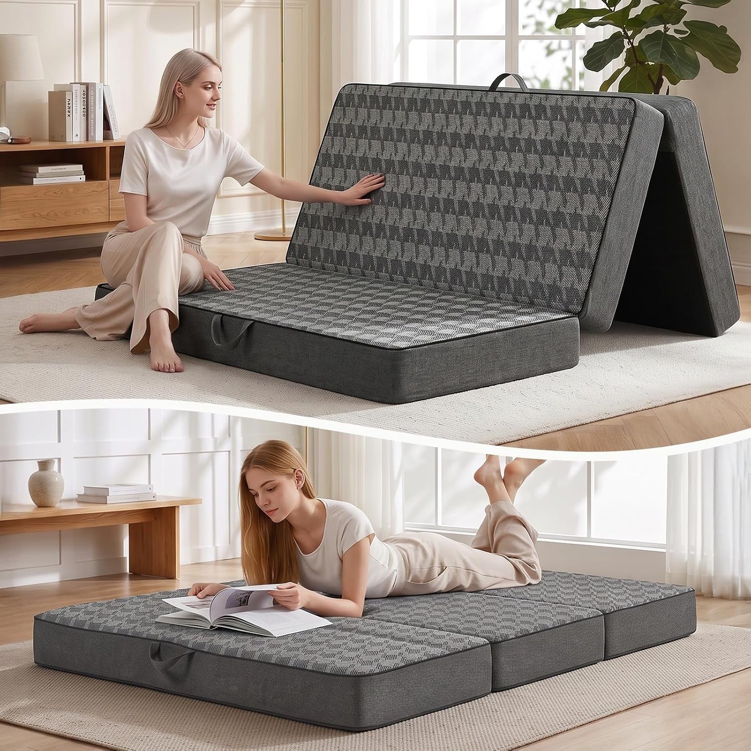 Two scenes: woman touching a patterned grey foldable mattress and later reading while lying on it fully flat.