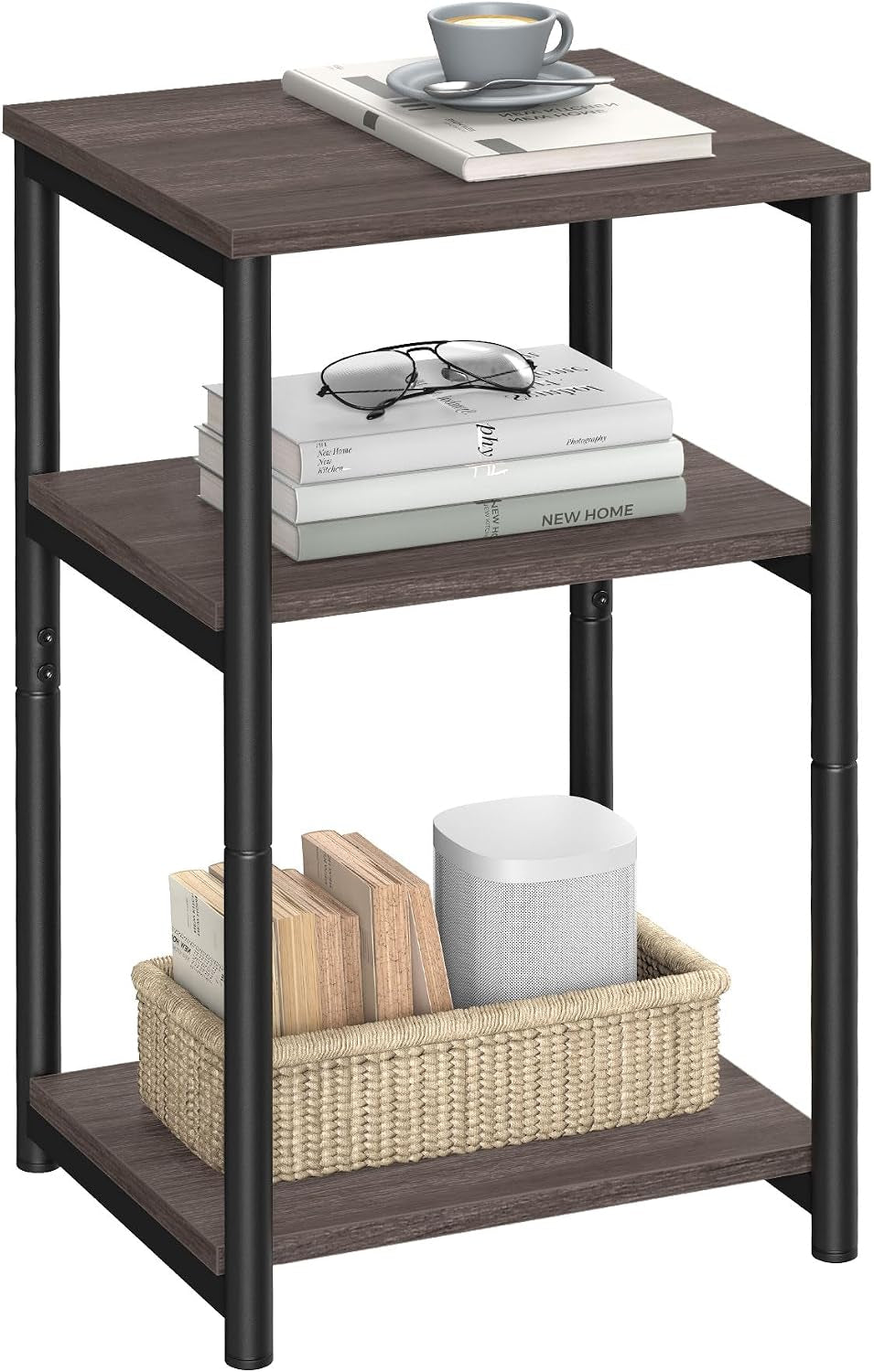Three-tier square side table with dark gray wood shelves and black metal legs, styled with books and a woven basket.