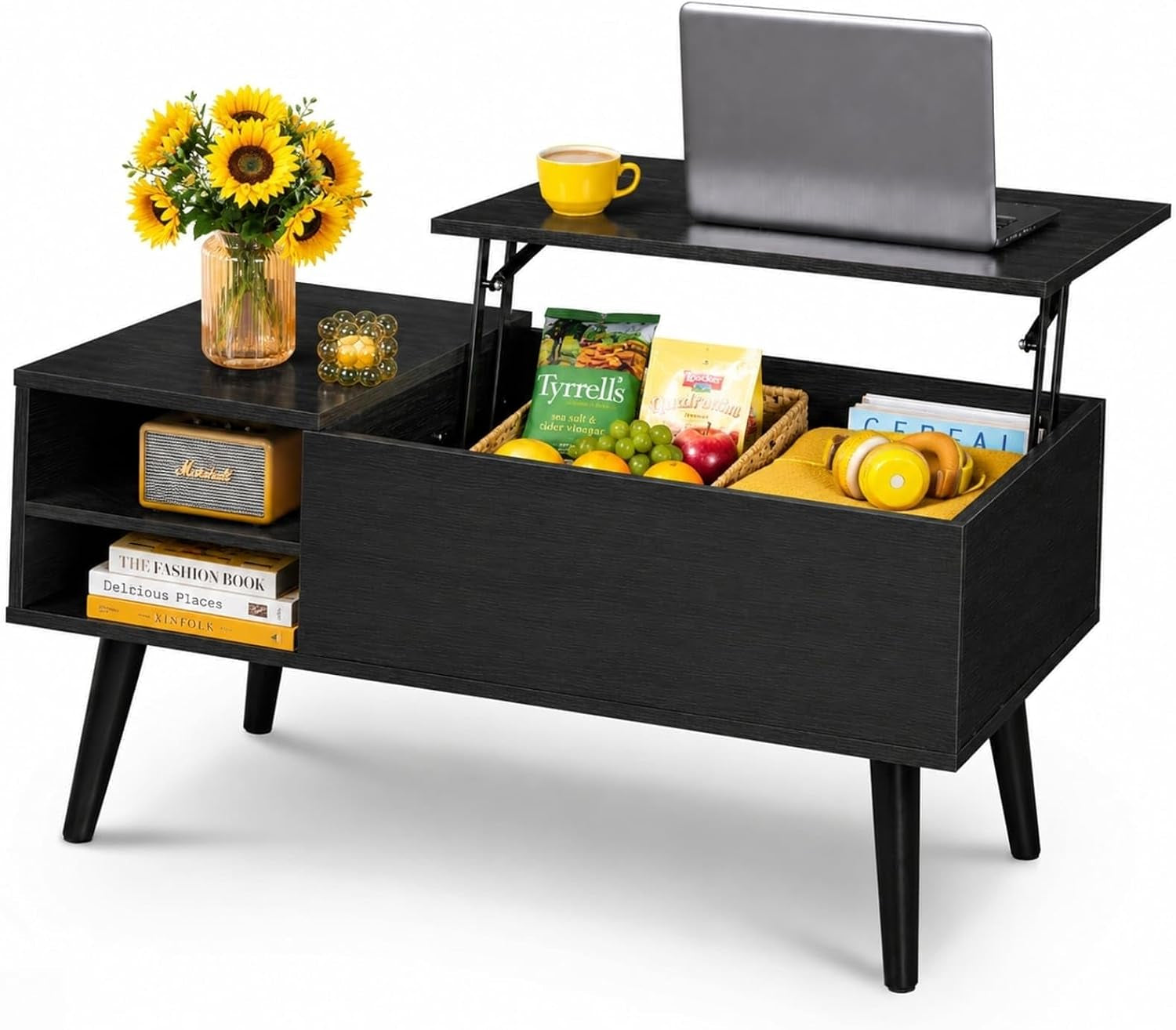 Black lift-top coffee table with raised top, interior baskets and left cubby shelves holding books