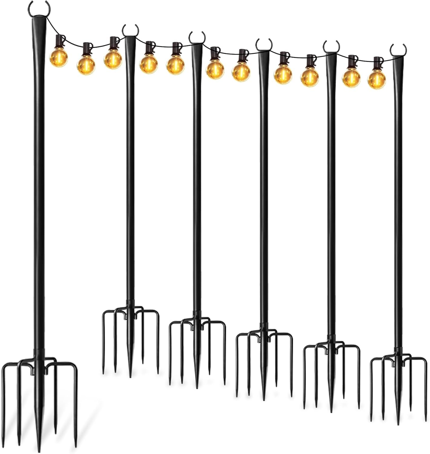 Six tall black poles with looped tops and four-prong stake bases holding string lights