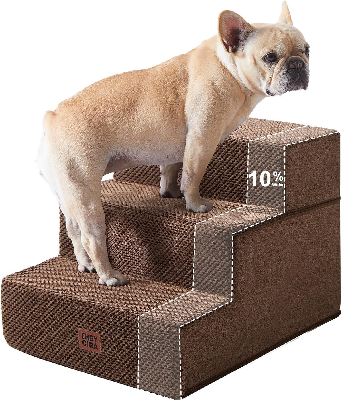 Brown textured pet stairs shown with cutaway overlay and a small dog standing on the middle steps