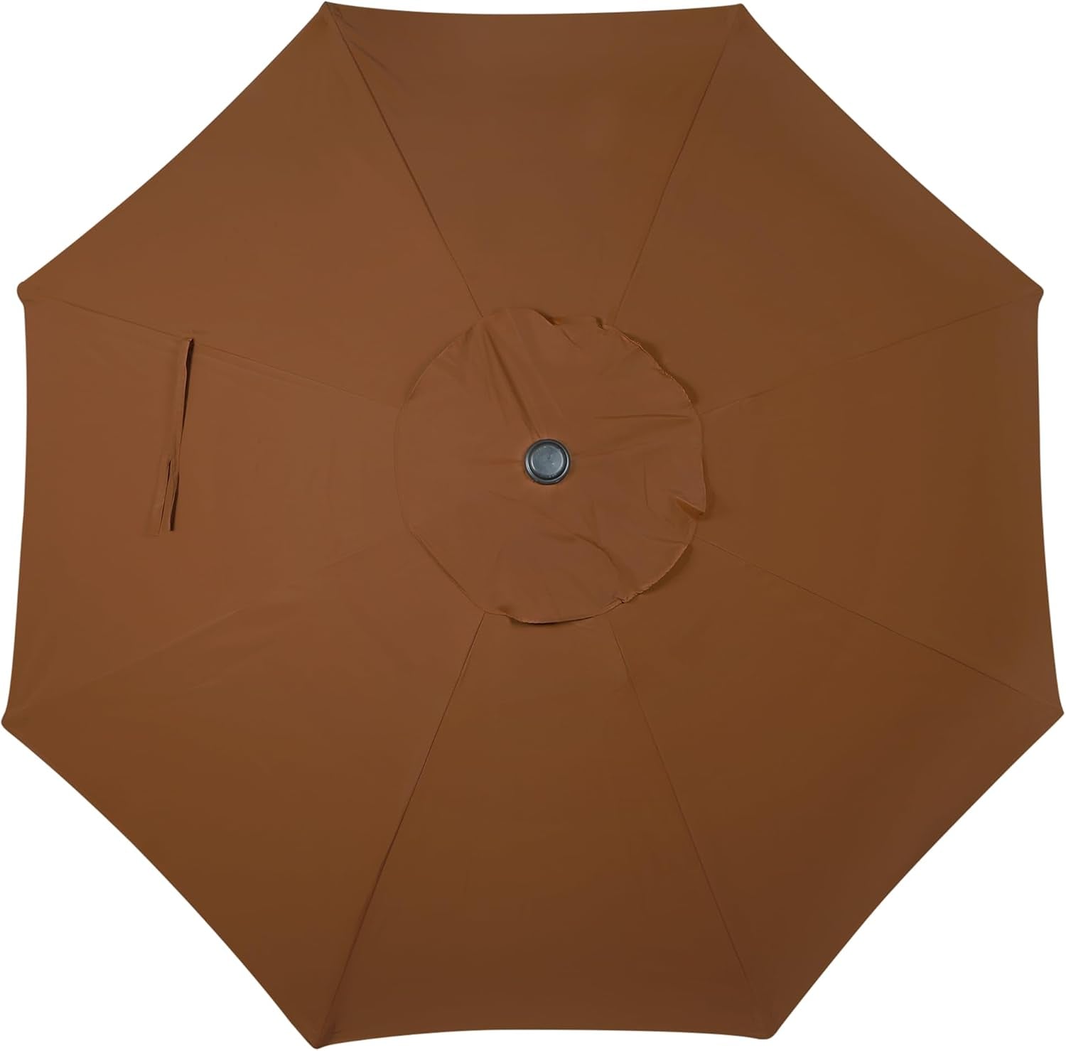 Top-down view of brown umbrella canopy showing eight panels and center cap