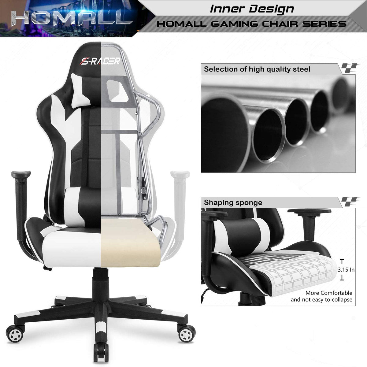 Detail of seat cross-section and shaping sponge illustration with callout to foam thickness and support