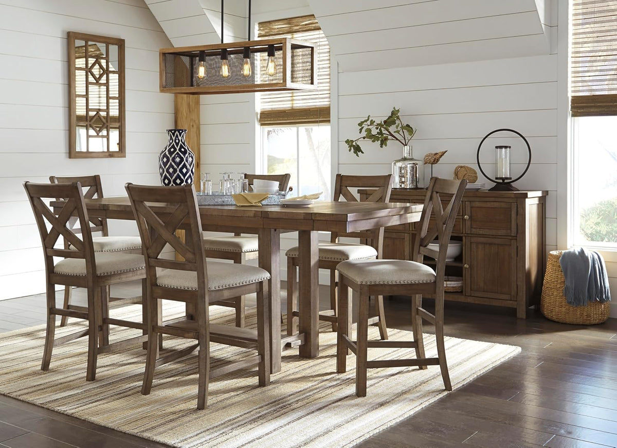 Angle view of the dining set showing X-back counter stools with light fabric seats around a rectangular table