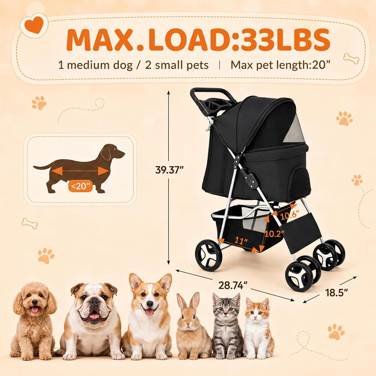 Stroller side view with measurement arrows and a lineup of small pets across the bottom for scale