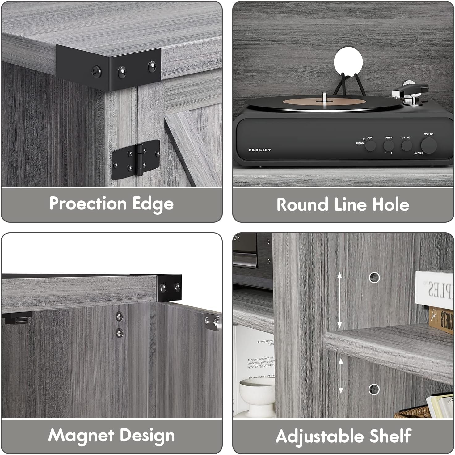 Four-panel collage showing corner metal protectors, round cable hole, magnetic door catch, and adjustable shelf holes.