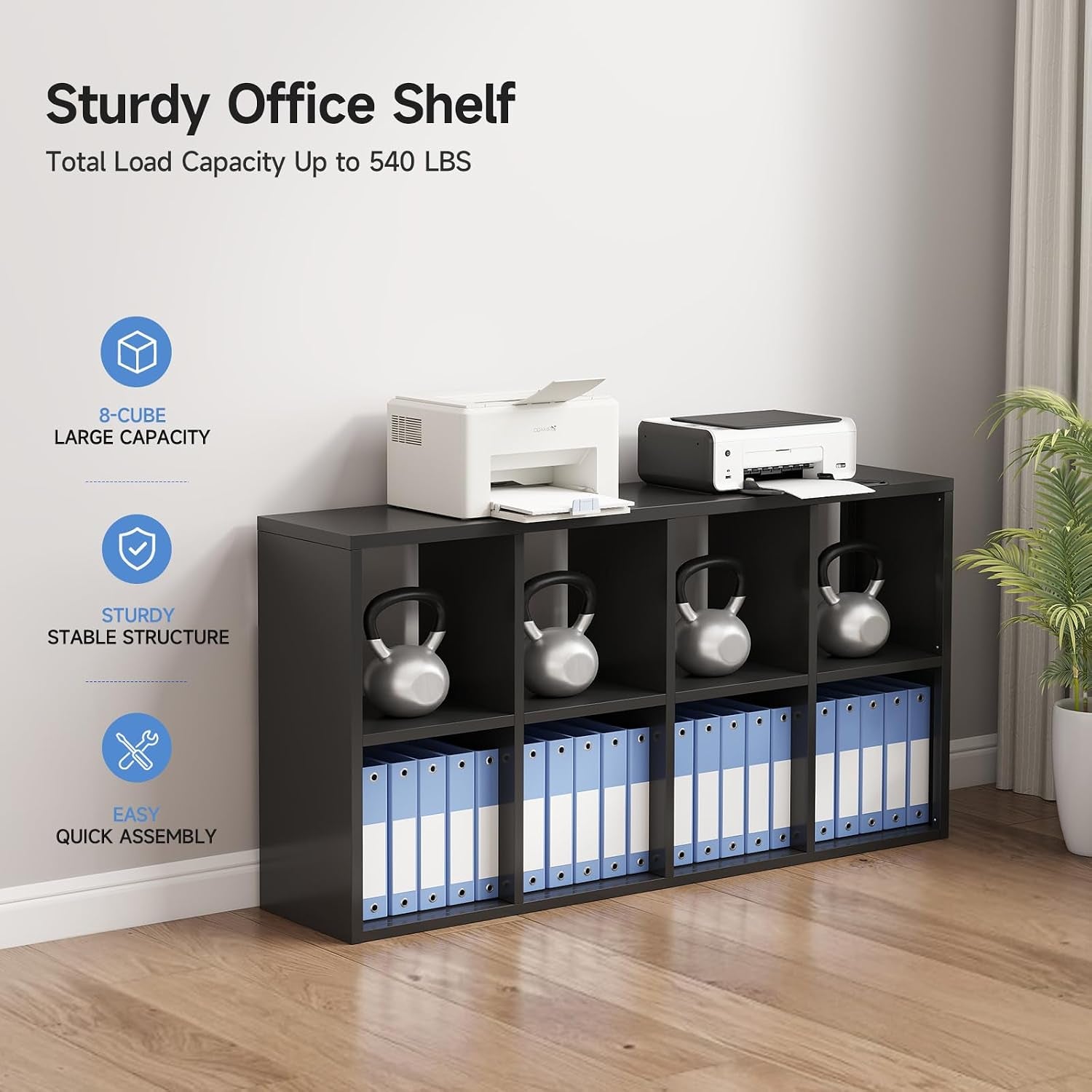 Black 8-cube shelf staged as a printer stand with kettlebells in upper cubbies and binders lined across the lower shelves.