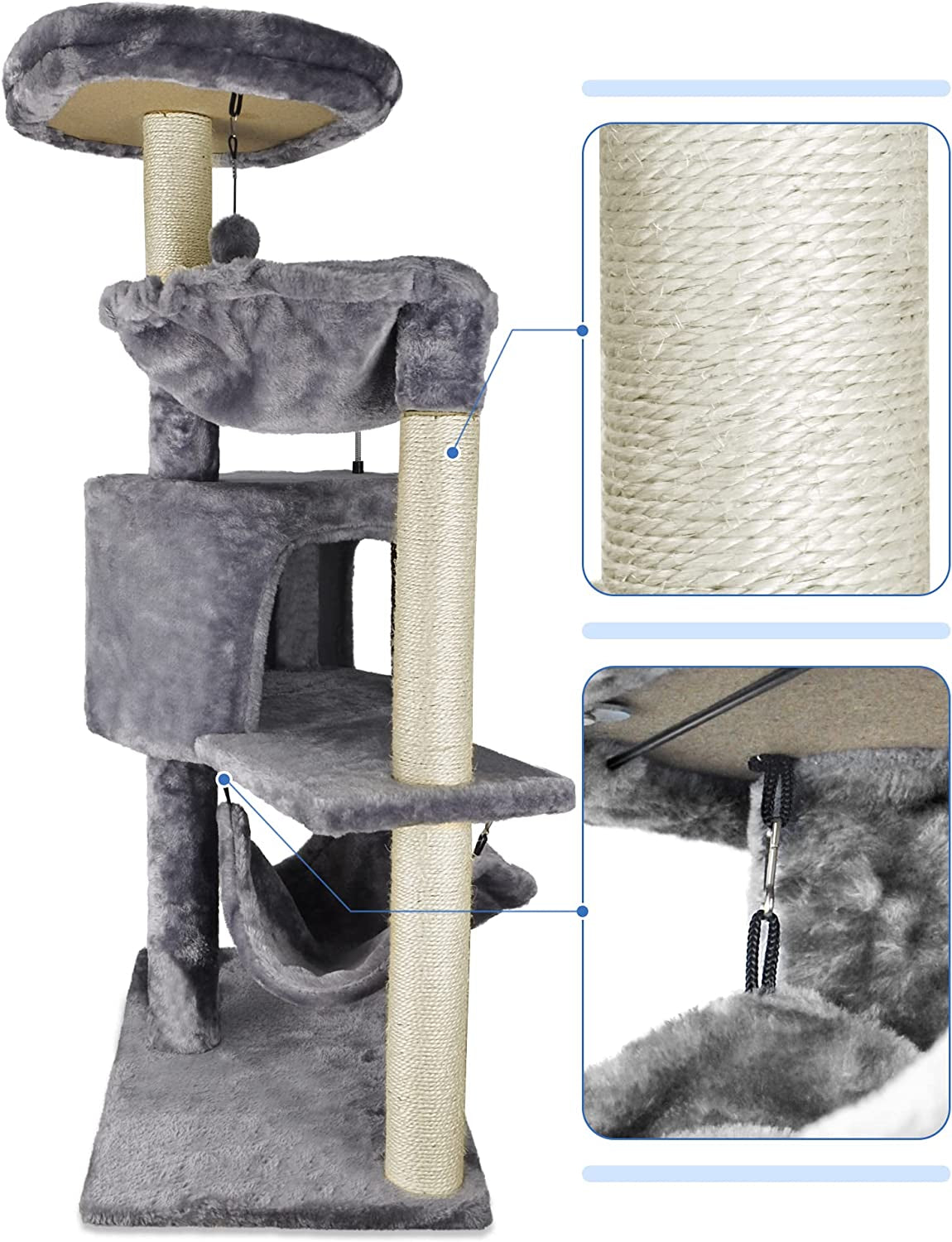 Detail view of natural sisal-wrapped scratching post and the clip attachment for the removable grey hammock