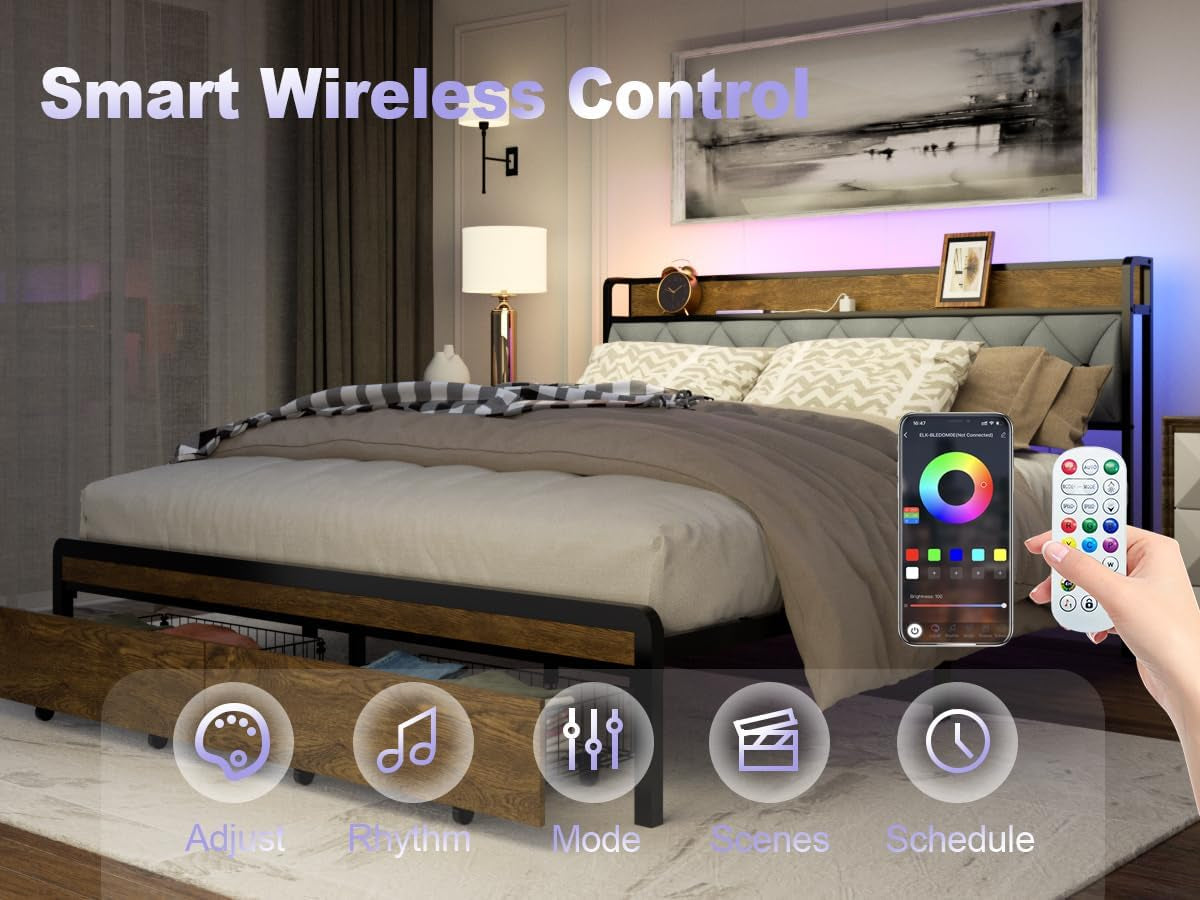 Three-quarter view of bed in a bedroom setting with LED headboard lighting and remote control graphics