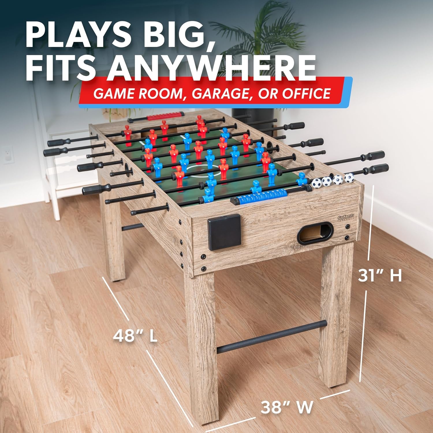 Foosball table in oak finish positioned on a floor with 48" L, 38" W, and 31" H measurement callouts