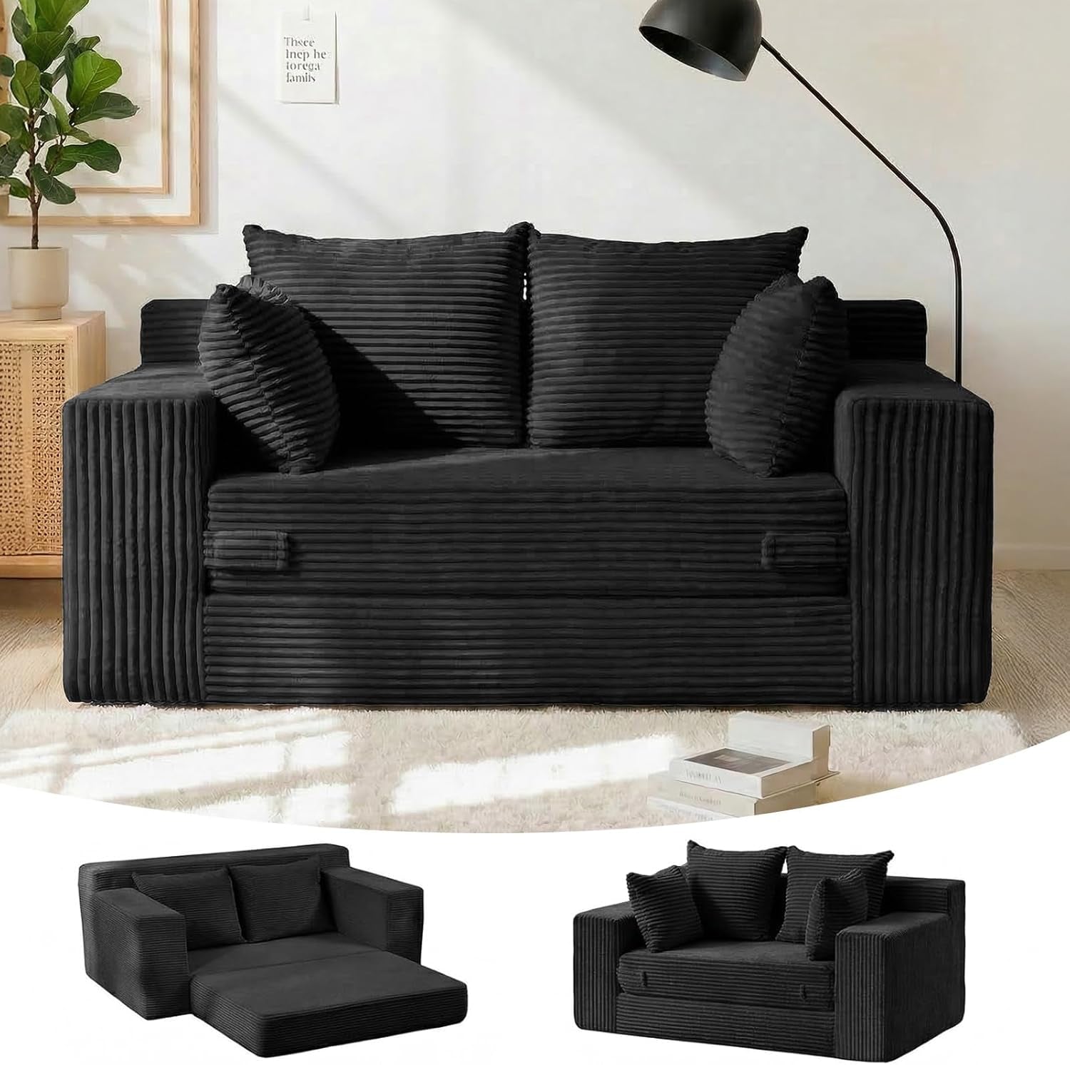 55" Small Boneless Couch, 3-In-1 Boneless Loveseat Sleeper Sofa Bed Convertible Sofa Bed with 4 Pillows, Black Corduroy Boneless Couch for Living Room, Guest Room, Small Space, No Assembly Required