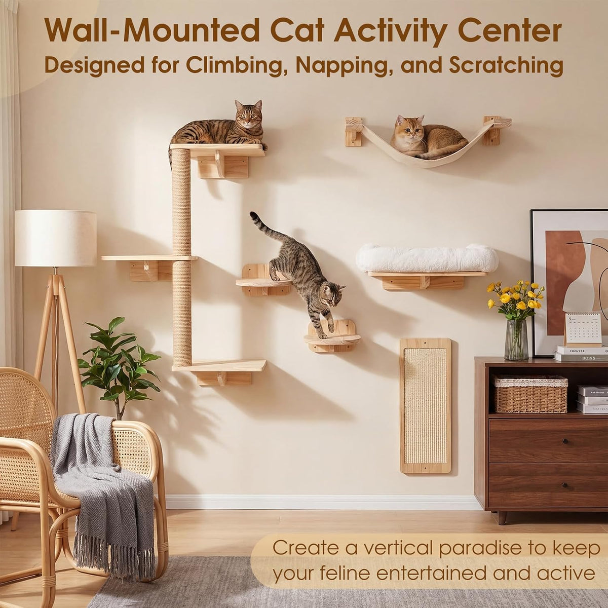 Wide view of a vertical cat activity wall with light wood platforms, hammock and tall sisal scratching post