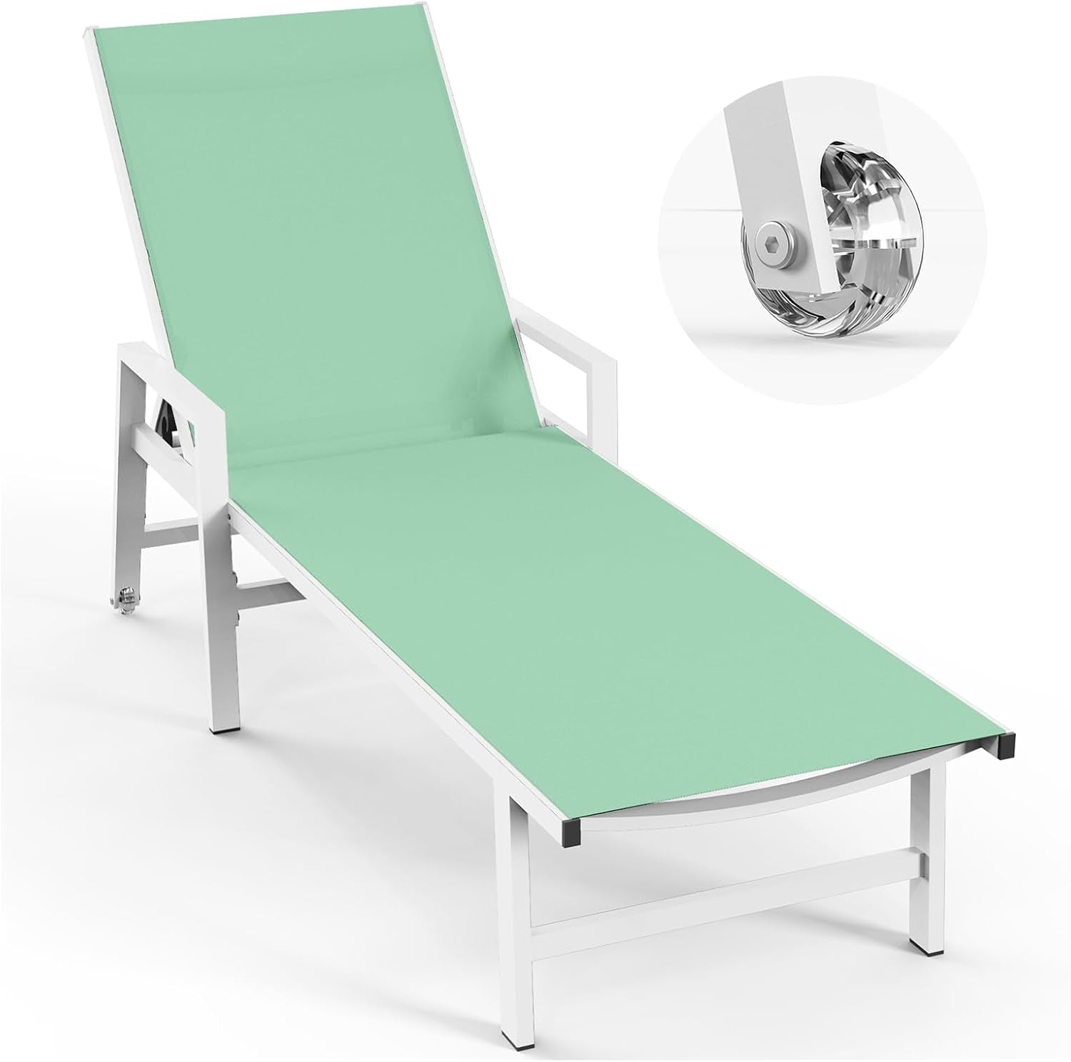 Single mint-green chaise on white frame shown from the front-right with a close-up clear caster inset.