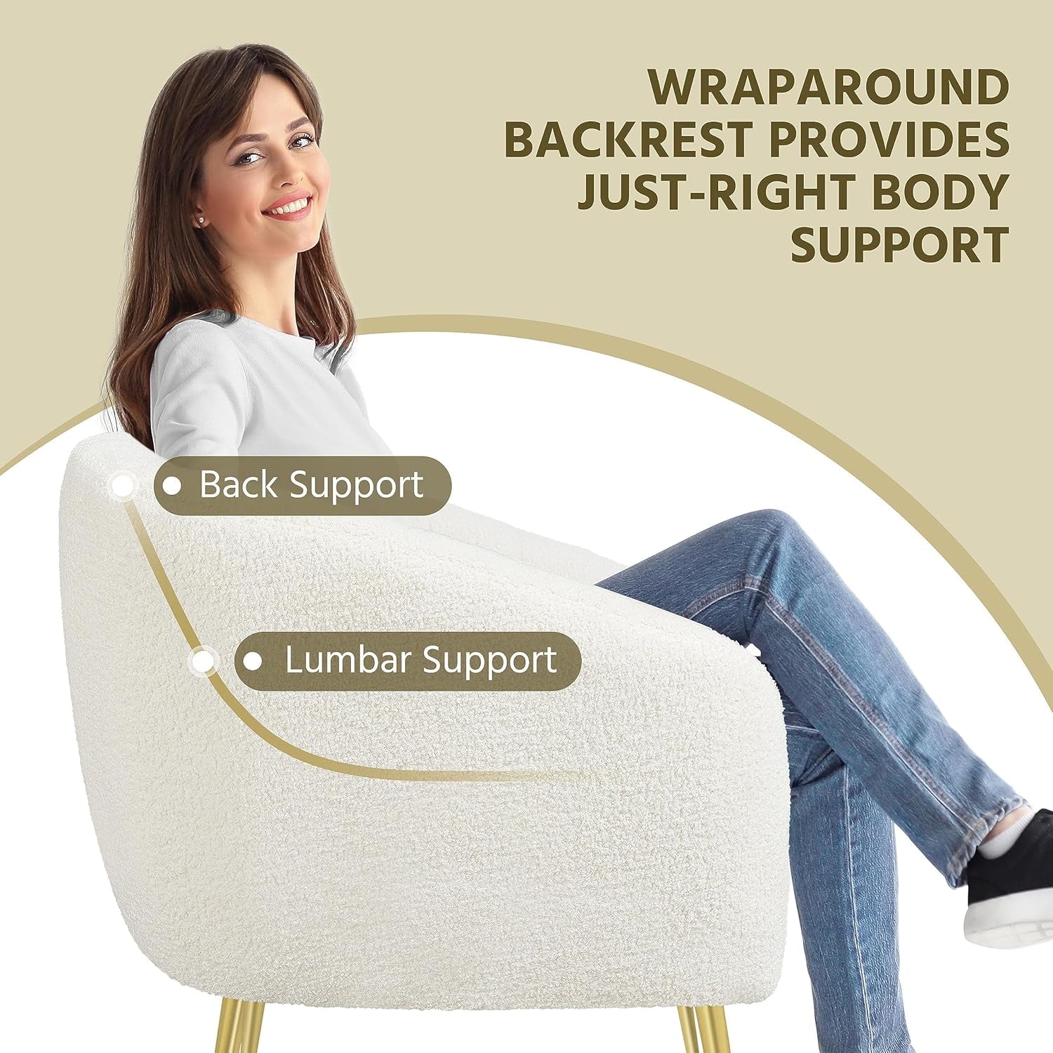 Side view of the ivory bouclé chair with a person leaning back to show support