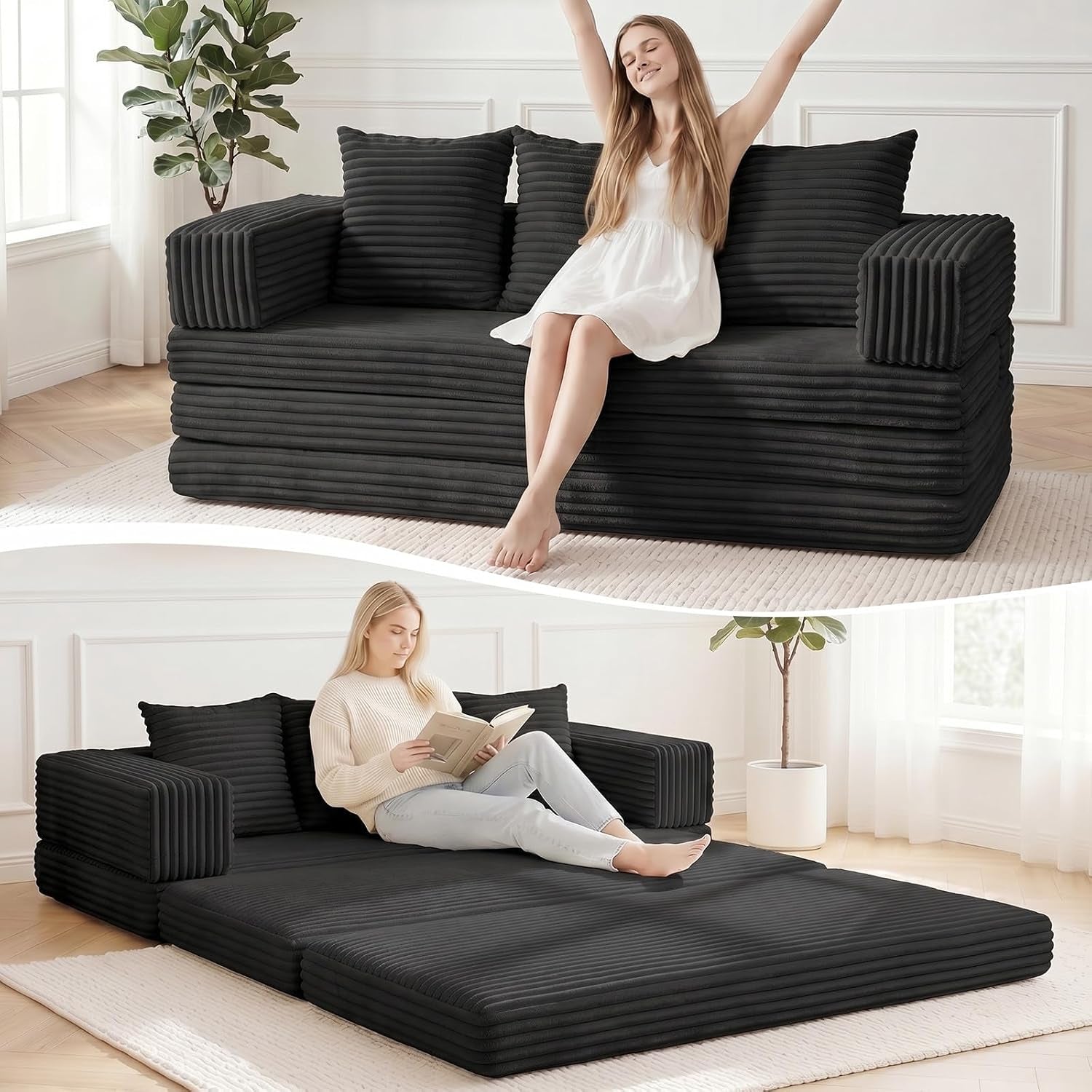 Top: woman on a dark ribbed loveseat; bottom: same piece unfolded into a flat dark mattress with a woman reading
