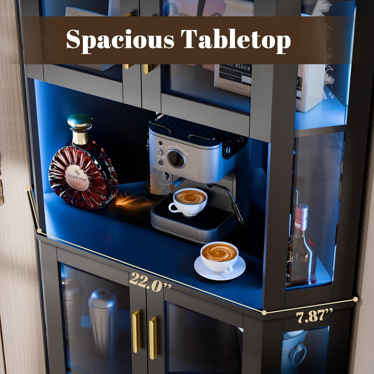 Corner cabinet open tabletop with coffee maker and cups, close-up showing tabletop surface and acrylic side panels