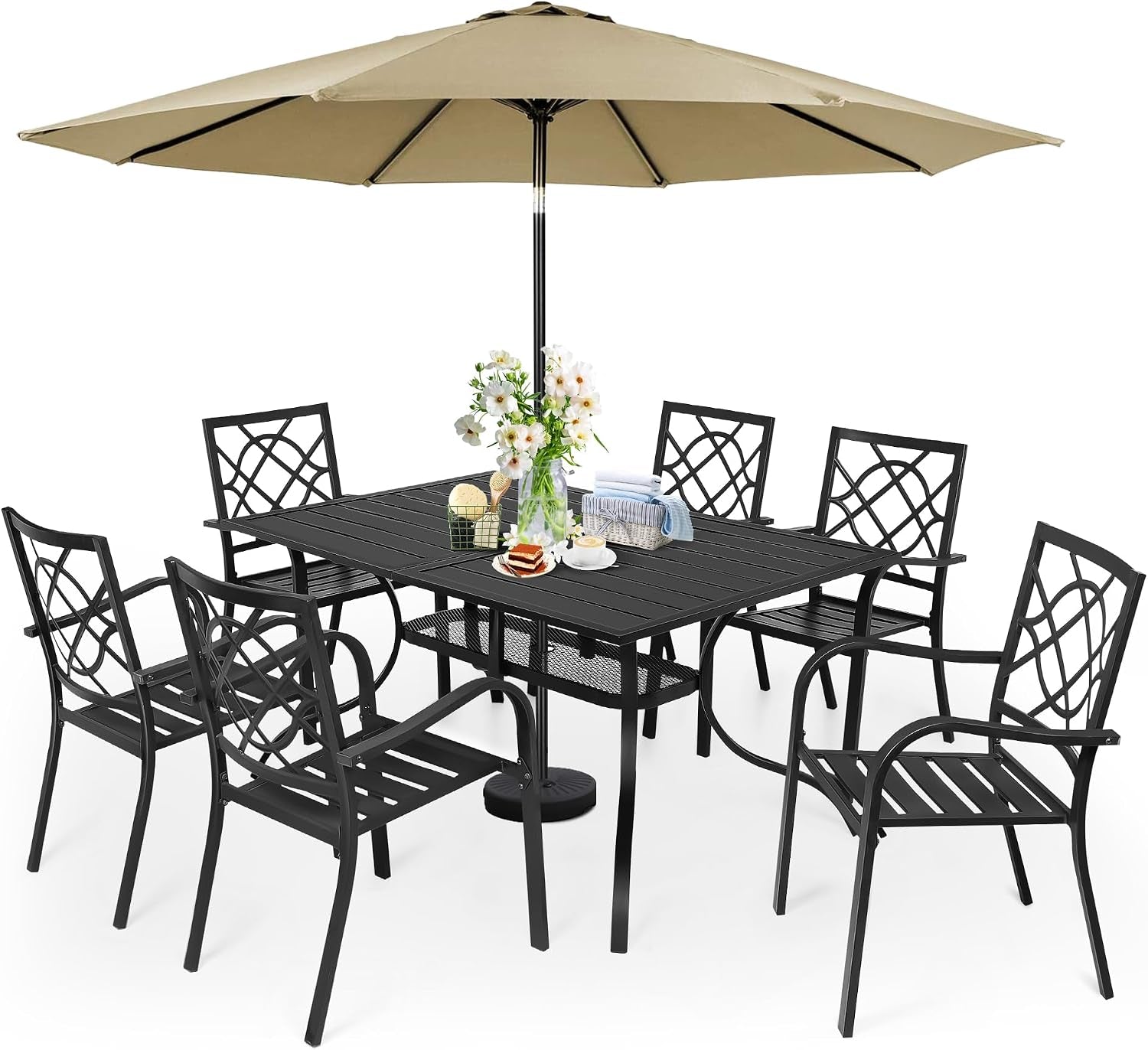 Black square table with six matching chairs and a beige umbrella shown on a white background with tabletop decor