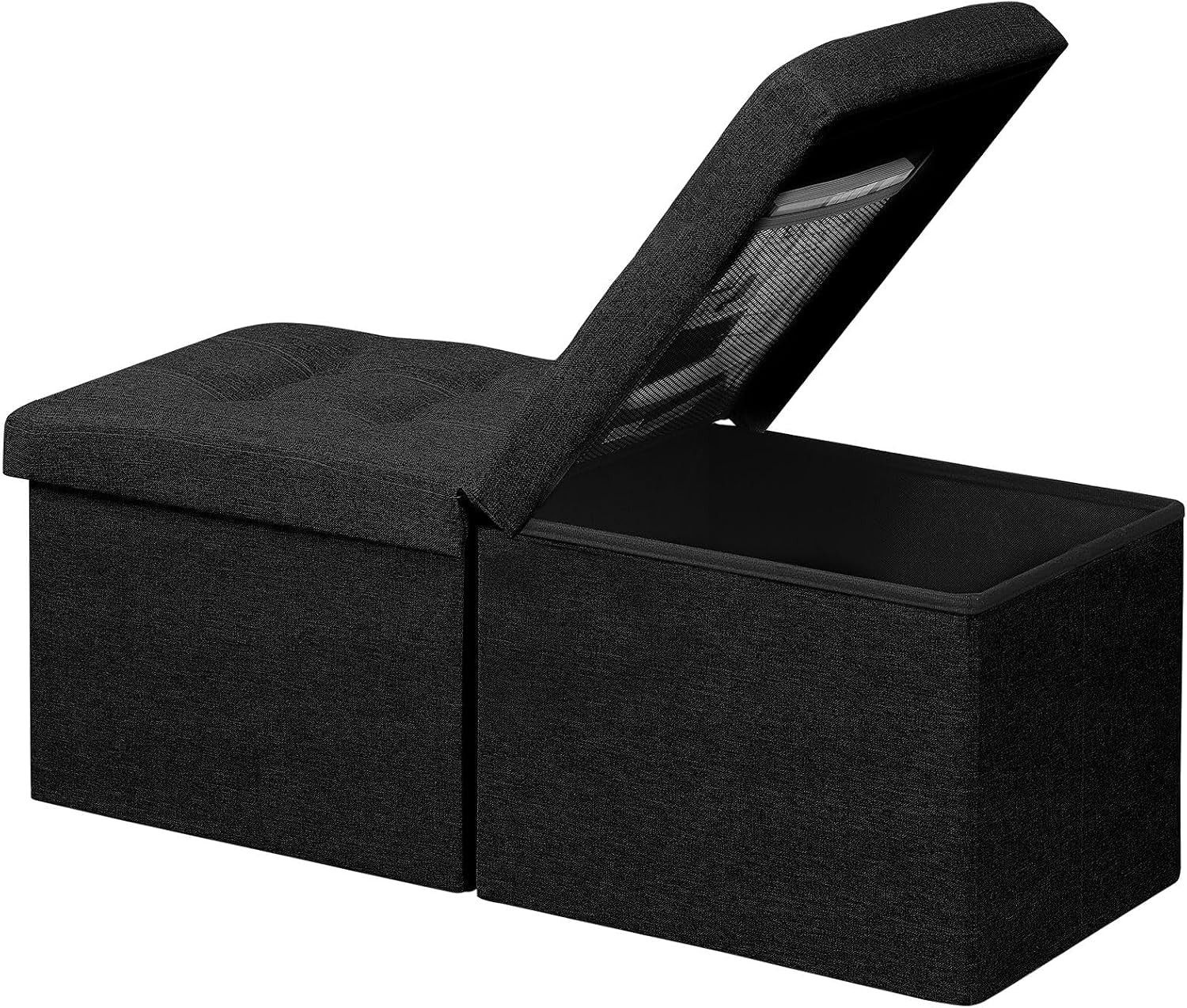 Side view of a black fabric folding storage ottoman bench with one hinged lid open showing the interior.