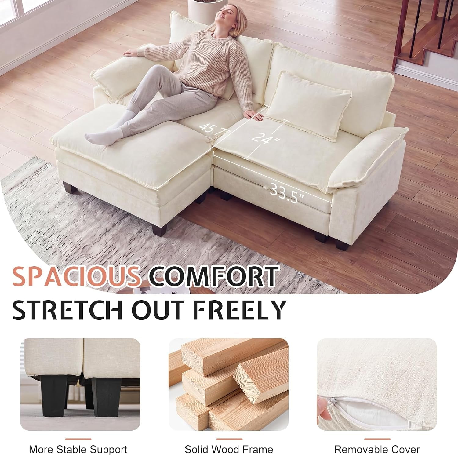 Person reclining across the cream sectional chaise in a sunlit room, with small icons below showing legs, wood frame, and