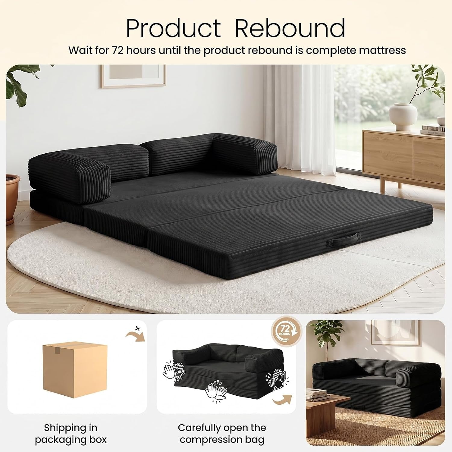 Collage showing the futon laid flat in a room at top and three icons below: a shipping box, unpacking illustration, and the